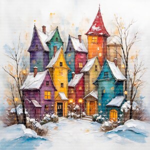Peut inclure: Une peinture à l'aquarelle d'une scène de village en hiver. L'image présente un groupe de maisons aux toits enneigés, peintes dans des tons de violet, jaune, vert, rouge et bleu. La scène se déroule dans un paysage enneigé avec des arbres nus et des lampadaires.