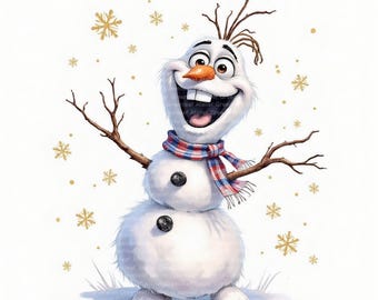 12 Funny Snowman Clipart, Whimsical Snowman JPG, Scarf and Hat, Gold Snowflakes, Digital Download