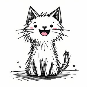 Könnte beinhalten: Eine schwarz-weiße Illustration einer flauschigen weißen Katze mit fröhlichem Gesichtsausdruck. Die Katze hat rosa Wangen, eine schwarze Nase und eine rosa Zunge. Das Fell der Katze ist mit skizzenhaften Linien gezeichnet, und das Bild enthält den Text "Greenleaf Atelier".