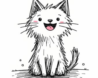 May include: A charming black and white sketch of a white cat with a joyful expression. The cat features pink cheeks, a black nose, and a pink tongue. The cat's fur is drawn with sketchy lines, and the image includes the text "Greenleaf Atelier".