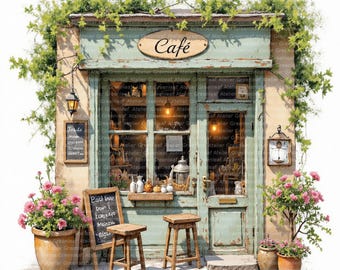 14 Street Cafe Clipart, Rysunek kawiarni, Akwarela do druku, JPG, Pobieranie cyfrowe, Papierowe rękodzieło