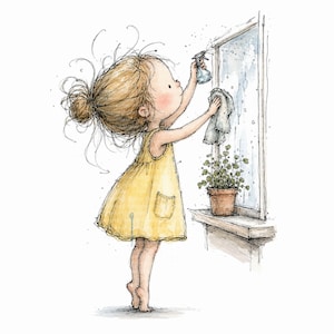 Könnte beinhalten: Eine Aquarellzeichnung eines Kindes mit zerzaustem Haar in einem gelben Kleid, das ein Fenster mit einer Sprühflasche und einem Tuch reinigt. Eine kleine Topfpflanze steht auf dem Fensterbrett neben der Scheibe mit Wassertropfen.