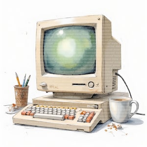 Puede incluir: Ilustración de una configuración de computadora vintage. La computadora beige tiene un monitor CRT, un teclado y una taza de café. También hay lápices en una taza pequeña y un plato pequeño con un refrigerio. La pantalla tiene un brillo verde.