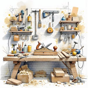 May include: Watercolor illustration of a woodworking workshop. A wooden workbench holds a hand plane, wood pieces, and tools. Shelves display various tools and supplies. The background features a pegboard with more tools.