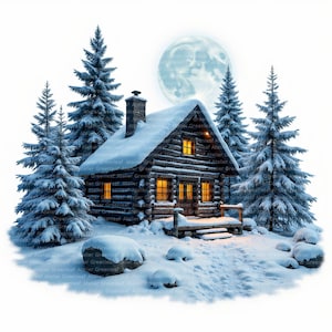 Könnte beinhalten: Eine digitale Illustration eines schneebedeckten Blockhauses, das sich inmitten von schneebedeckten Tannenbäumen befindet. Ein Vollmond leuchtet im Hintergrund, und warmes Licht scheint aus den Kabinenfenstern, was eine gemütliche Winterszene schafft.