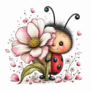 Pode incluir: Uma ilustração caprichosa de uma joaninha com carapaça vermelha de pintas pretas, segurando uma grande flor rosa com centro amarelo. A personagem tem cabelo preto felpudo, antenas e está rodeada por pequenas pétalas rosas e flores brancas.