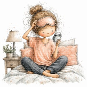 Puede incluir: Una ilustración caprichosa de una persona con un moño desordenado que viste una camiseta color melocotón y pantalones de chándal gris oscuro, sentada en una cama. Levanta un antifaz rosa mientras sostiene un pequeño despertador negro.