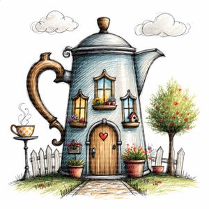 Könnte beinhalten: Eine skurrile Illustration eines teehausförmigen Hauses mit Holztür und Fenstern. Das Haus hat einen braunen Griff und Ausguss, mit einer kleinen Tasse Tee auf einem Beistelltisch. Ein weißer Zaun und ein Baum mit roten Blüten vervollständigen die Szene.