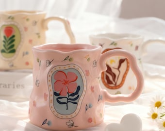 Handmade Ceramic Mug, Earthenware Coffee Mug, Ceramic Flower Coffee Mug Tea Cup, Gift for Tea and Coffee Lovers, Valentines Day Gift for Her