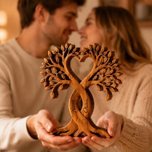 Custom Couple Heart Tree Wooden Block Sign, Personalized Anniversary Gift for Him Her, Rustic Wedding Decor, Romantic Keepsake Home Accent