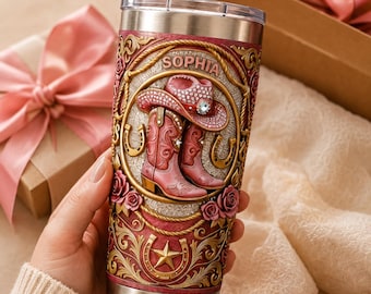 Personalisierter Cowgirl Becher mit Namen, Western Cowboy Boots Tasse, rosa Cowgirl Geschenk für Frauen, individuelle Rodeo Reisebecher, Landmädchen Becher