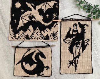 Drachen Gobelin Häkelanleitungen-Paket | Romantik Wand Kunst | Bücherwurm DIY Dekor | Englisches PDF