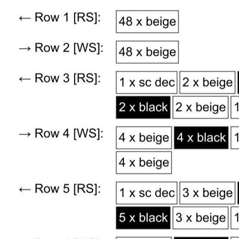 May include: A detailed chart with text and boxes, likely a pattern or guide. The text includes instructions with abbreviations like "RS", "WS", "sc dec", and numbers. The boxes are filled with colors like beige and black.