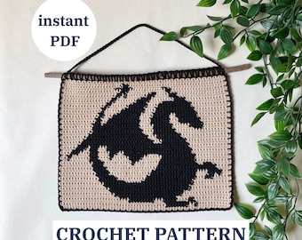 Drachen Gobelin Häkelanleitung | Mittelalterliche inspirierte Wandkunst | Bücherwurm DIY Dekor | Sofortiger Download Englisch PDF