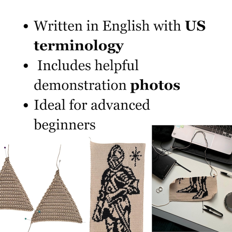 May include: Image shows crochet projects in progress. One project features a knight design in black and tan. The text in the image says "Written in English with US terminology", "Includes helpful demonstration photos", and "Ideal for advanced beginners."