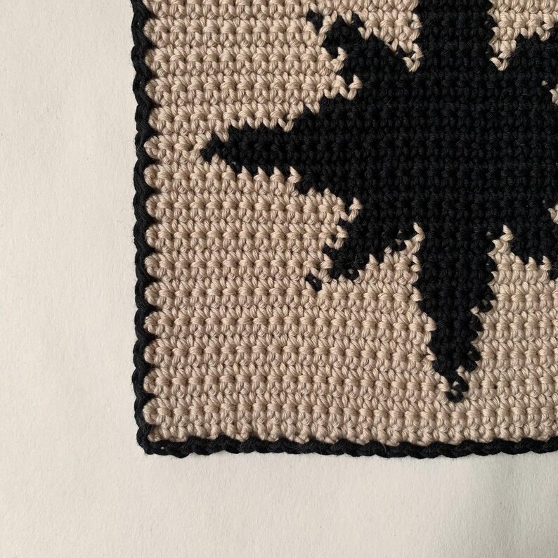 Modern crochet wall hanging pattern featuring a bold black eight-pointed star on a neutral background. This is a digital PDF pattern for instant download, not a finished product.