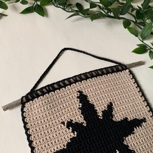 Modern crochet wall hanging pattern featuring a bold black eight-pointed star on a neutral background. This is a digital PDF pattern for instant download, not a finished product.