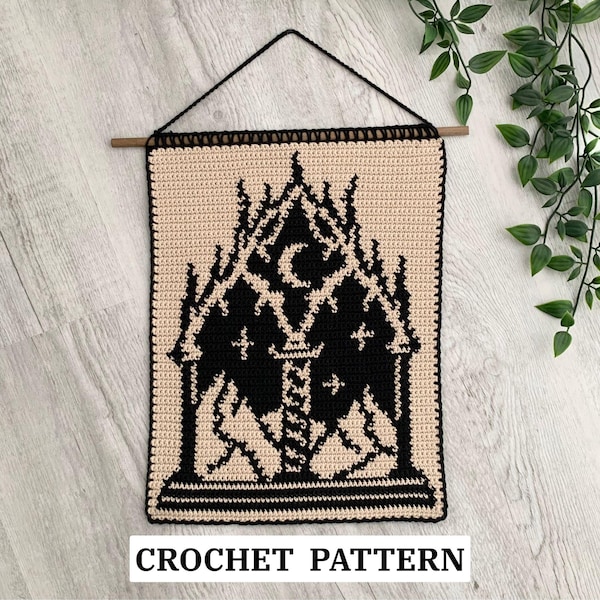 Tapestry Crochet Pattern with Celestial Gothic Windows | Fantasy Wall Hanging | Free E-Reader Insert