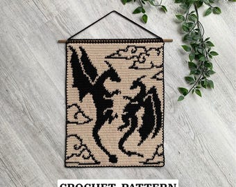 Drachenliebhaber Tapisserie Häkelanleitung | Bücherwurm Fantasy Wandkunst | Einfache Wandbehang-Anleitung | Englisches PDF