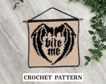 Bite Me Tapestry Crochet Pattern | Gothic Valentine’s Gift | Bat Wings Heart Wall Hanging