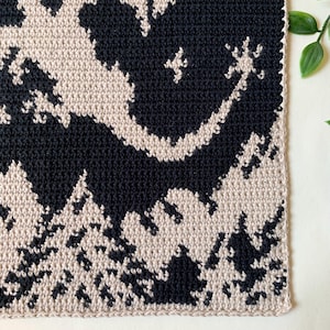 May include: Close-up of a handmade crochet item with a black and beige pattern. The design features a repeating motif of abstract shapes, creating a textured surface. The edges are neatly finished.