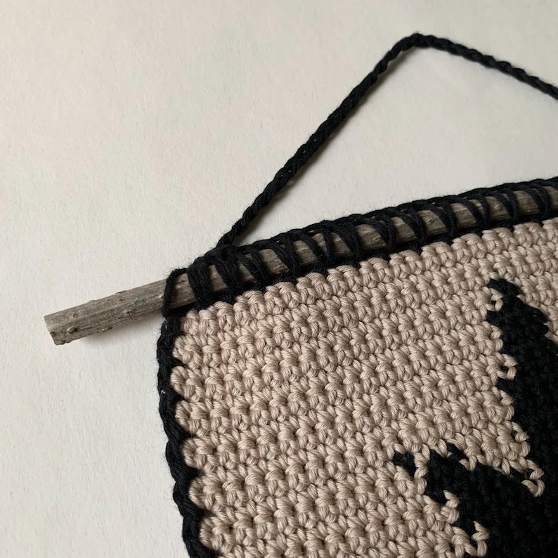 Modern crochet wall hanging pattern featuring a bold black eight-pointed star on a neutral background. This is a digital PDF pattern for instant download, not a finished product.