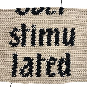 Digital crochet pattern for a wall tapestry featuring the word "Overstimulated" in bold black gothic-style lettering on a beige background. The pattern includes instructions to create the tapestry, which is bordered with black crochet edging. This listing is for the pattern only, not a finished item.