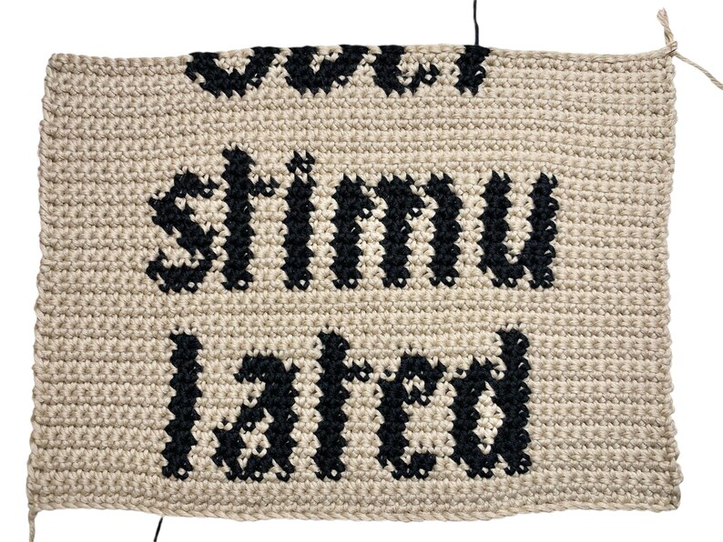 Digital crochet pattern for a wall tapestry featuring the word "Overstimulated" in bold black gothic-style lettering on a beige background. The pattern includes instructions to create the tapestry, which is bordered with black crochet edging. This listing is for the pattern only, not a finished item.