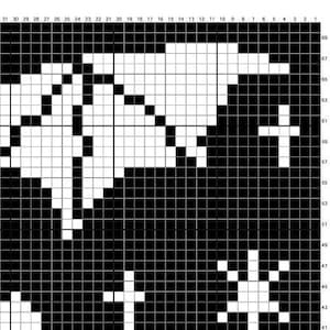 May include: A black and white pixel art design featuring a stylized image of a bat with outstretched wings, along with several cross and star-like shapes. The design is set against a grid background.
