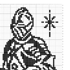 May include: Black and white pixel art of a figure in a hooded cloak with a star. The image is a cross-stitch pattern, with a grid background. The figure is facing left, with a star to the right.