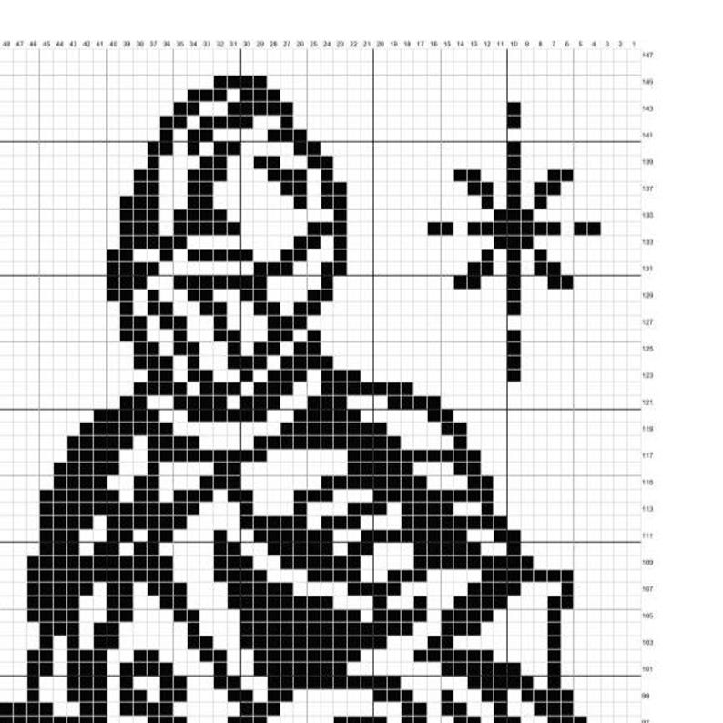 May include: Black and white pixel art of a figure in a hooded cloak with a star. The image is a cross-stitch pattern, with a grid background. The figure is facing left, with a star to the right.