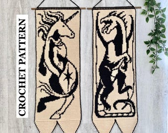 Unicorn & Dragon Tapestry Crochet Pattern Bundle | Dark Medieval Fantasy Wall Hanging Set