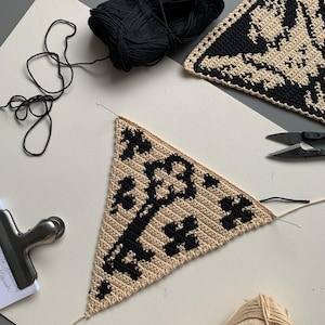 May include: A close-up of a beige and black crocheted triangle with a key design. The key is black, and the background is beige. A ball of black yarn, scissors, and a metal clip are also visible.