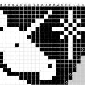 May include: Black and white pixel art of a horse's head. The image is composed of a grid of squares, with the horse's form defined by the arrangement of black and white blocks. The horse is facing left, with its head and neck visible.