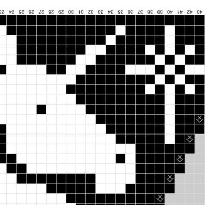 May include: Black and white pixel art of a horse's head. The image is composed of a grid of squares, with the horse's form defined by the arrangement of black and white blocks. The horse is facing left, with its head and neck visible.
