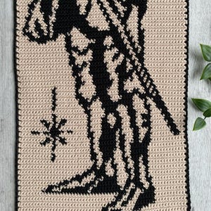 May include: A crochet wall hanging featuring a black silhouette design on a beige background. The design includes a figure with a star-like shape. The piece is handmade and has a textured appearance.