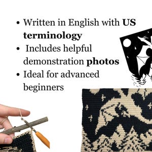 May include: A crochet project in progress, featuring a black and beige geometric design. The image includes text that reads "Written in English with US terminology" and "Includes helpful demonstration photos."
