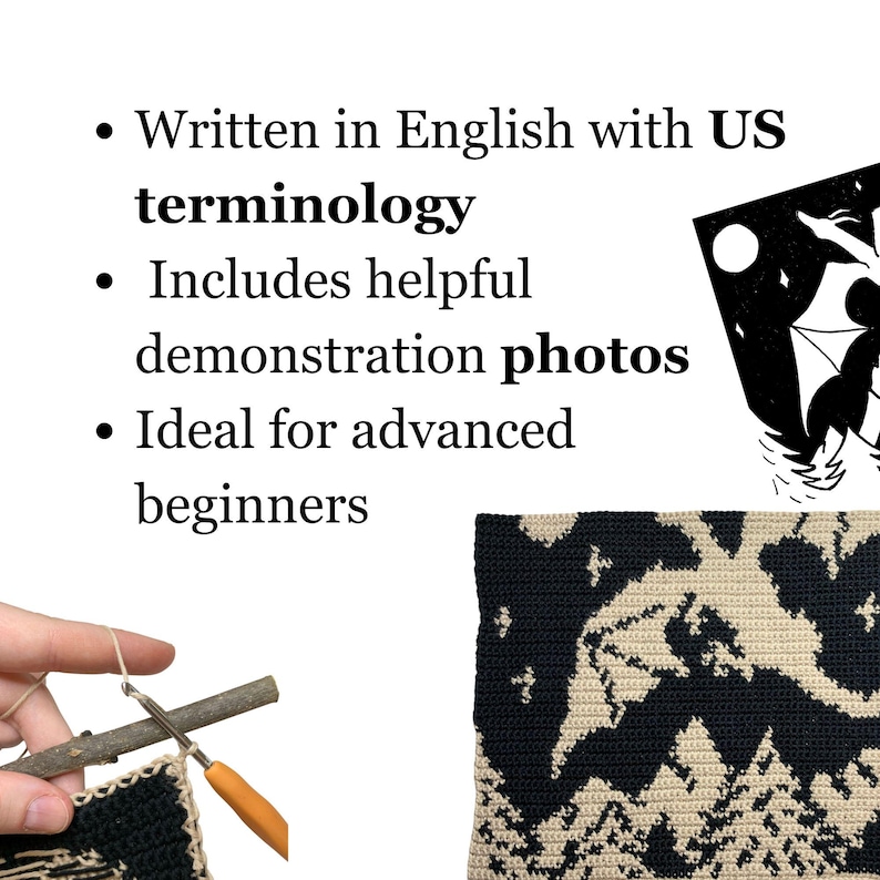 May include: A crochet project in progress, featuring a black and beige geometric design. The image includes text that reads "Written in English with US terminology" and "Includes helpful demonstration photos."