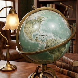 Könnte beinhalten: Ein Globus im Vintage-Stil mit einem türkis-goldenen Farbschema, der auf einem Holzschreibtisch steht. Der Globus weist detaillierte geografische Markierungen auf und ist von einem Messingmeridian umgeben. Eine Messinglampe und Bücher sind ebenfalls zu sehen.