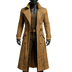 Può includere: Lungo trench doppiopetto marrone con colletto a revers, cintura e dettagli con bottoni. Il cappotto è esposto su un manichino e sembra essere realizzato in pelle invecchiata.