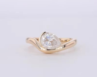 1.50 Ct Pear Cut Moissanite Engagement Ring, East West Moissanite Ring, Solitaire Moissanite Wedding Ring Bezel Set Yellow Gold Ring For Her