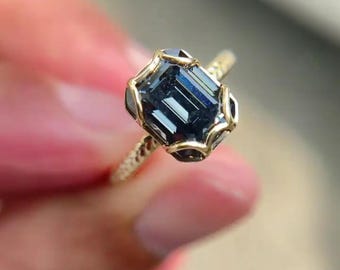2.50 Ct Emerald Cut Grey Moissanite Ring, Bezel Set Moissanite Ring, Antique Gray Moissanite Ring, Solitaire Engagement Ring 14K Gold Ring