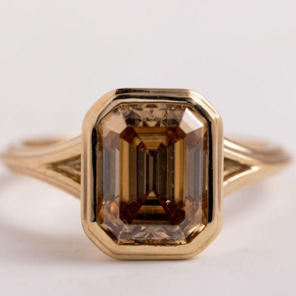 2,50 kt smaragd geslepen champagne moissaniet ring, ring set trouwring, geelgouden verlovingsring, solitaire diamanten ring cadeau voor vrouwen