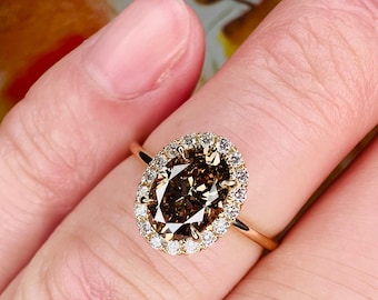 3.20 Ctw Oval Cut Brown Moissanite Ring, Dark Brown Moissanite Engagement Ring, Halo Set Diamond Wedding Ring, Solid Yellow Gold Bridle Ring