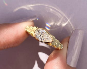 2.00 Ct East West Moissanite Ring, Pear Cut Moissanite Engagement Ring, Bezel Set Moissanite Wedding Ring, Solitaire Diamond Ring For Her