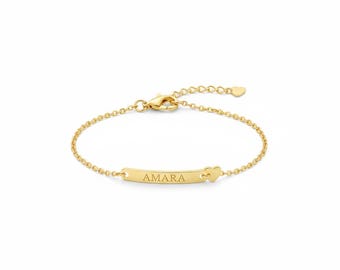 Baby Bar Name Armband mit Herz Anhänger, 14K Solid Gold Benutzerdefinierte Kind ID Armband, Baby Name Gravieren Goldarmband, kleines Mädchen Geschenk Armband
