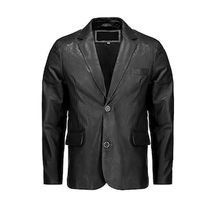 Men&#39;s Real Lambskin Leather Blazer  Casual 2-Button Coat Jacket | Handmade Regular Fit Black Leather Jacket for Men