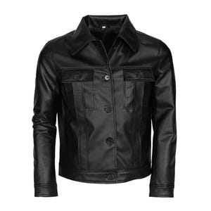 Men's Vintage Black Leather Jacket  Real Leather Trucker Coat with Wool Lining  Classic Button-Up Shirt Style Outerwear