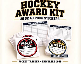May include: A hockey award kit featuring stacks of round stickers with Player of the Game and Heart & Hustle designs, alongside printed Game Award Log and Pocket Award Tracker sheets. The text reads Hockey Award Kit, 20 or 40 Puck Stickers, Pocket Tracker + Printable Logs, and Pucks Not Included.