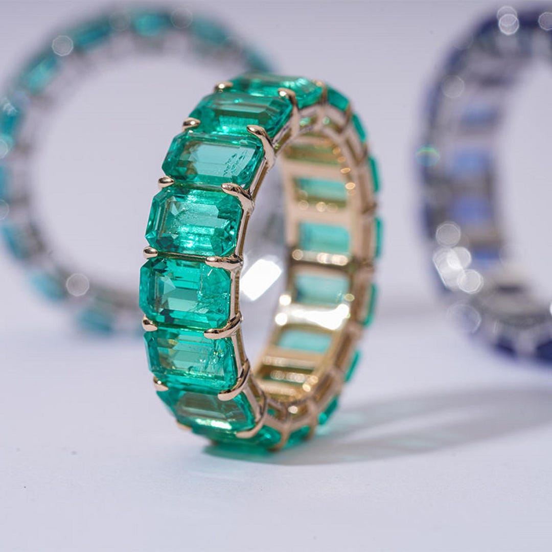 Emerald Cut Eternity Band Ring, 14k Yellow Gold Plated, Lab Created - Etsy